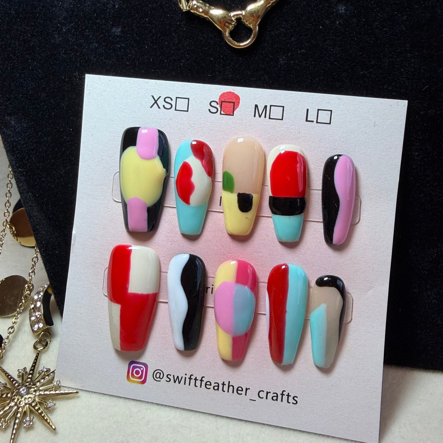 Long Coffin Christmas Art Press-On Nails – Abstract Color Block Design