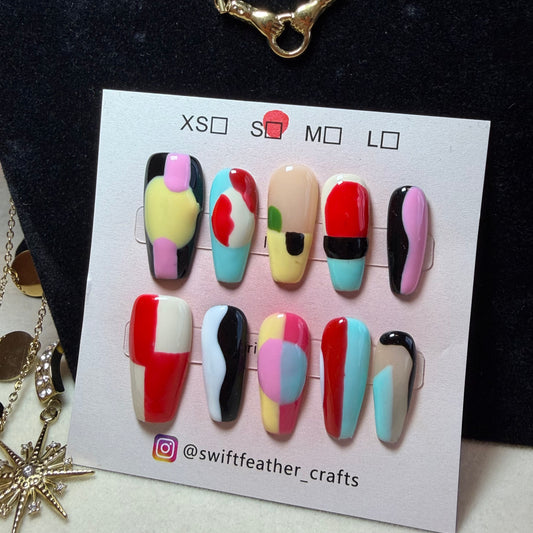 Long Coffin Christmas Art Press-On Nails – Abstract Color Block Design