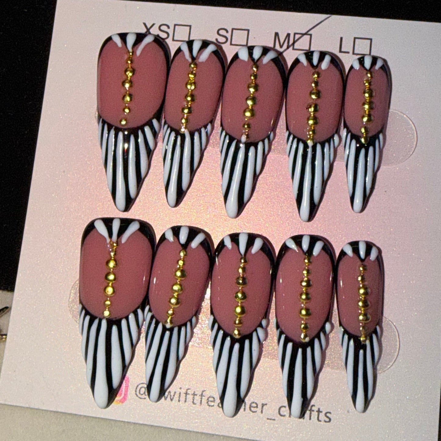 Abstract Line Art Press-On Nails – Long Stiletto with Gold Bead Accents