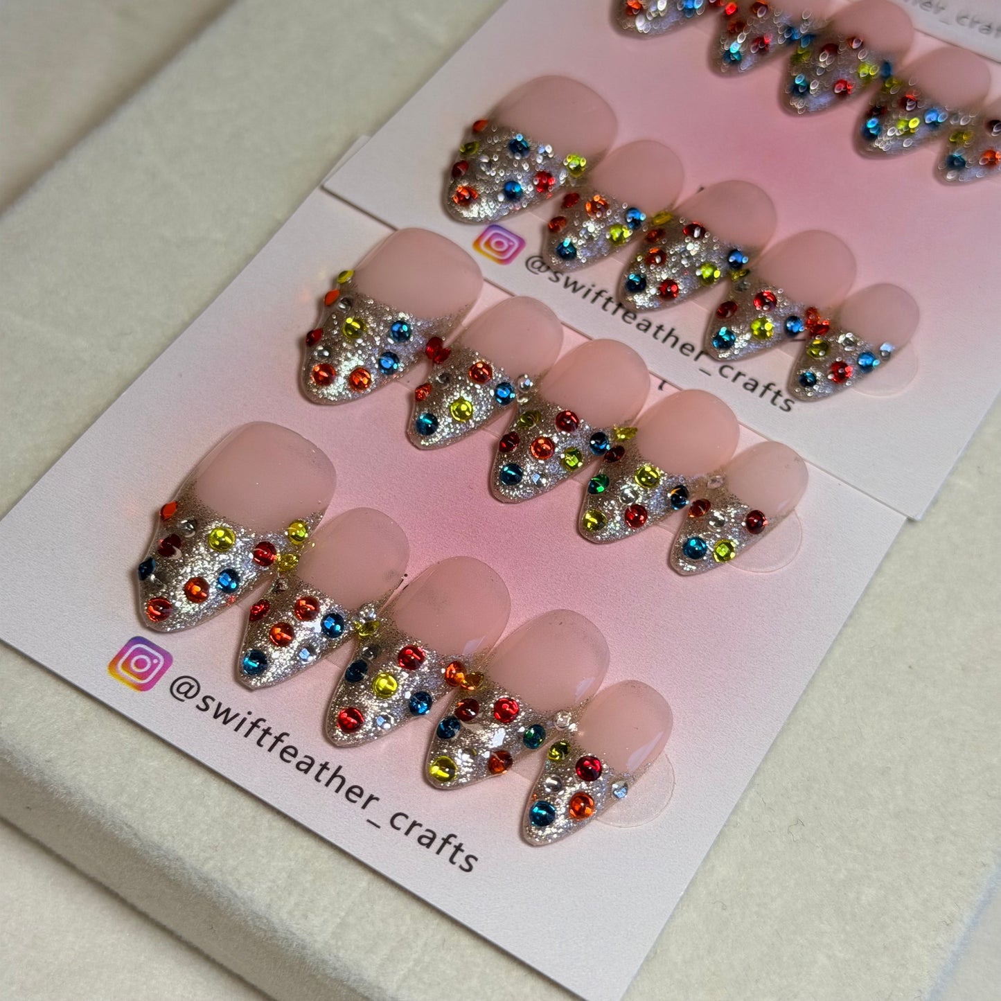 Christmas Sparkle Rhinestone Press-On Nails – Silver Glitter & Multicolor Gems