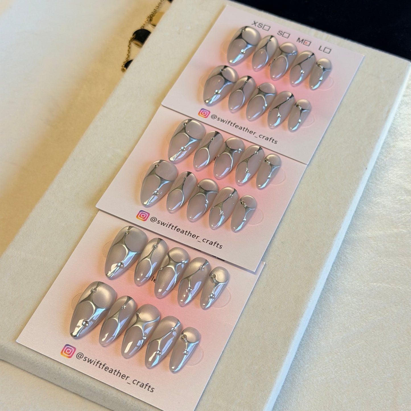 Most Popular! Chrome Line Minimalist Press-On Nails – Long Almond Nude Grey