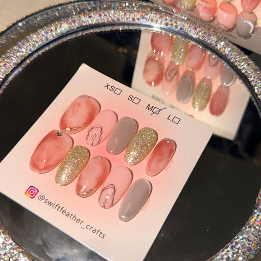 Christmas Rose Mist Press-On Nails – Pink Marble, Gold Glitter & Line Art