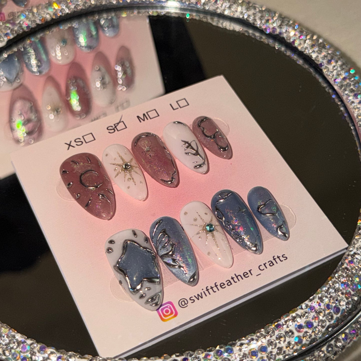 Galaxy Star Press-On Nails – Long Almond with Chrome Outline & Shimmer