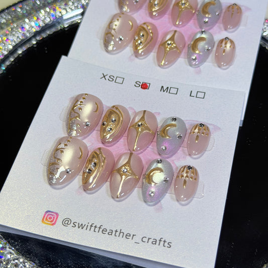 Nude Pink Gold Press-On Nails – Elegant Moon Design for Everyday & Gifts