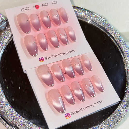 Pink Ombre Handmade Press-On Nails – Gradient Chrome Tip, Minimal Elegant Nail Set