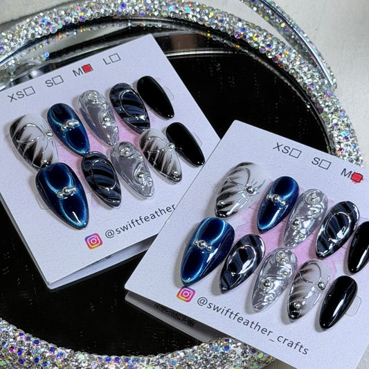 Blue Cat Eye Press-On Nails – Black & Silver Chrome Design, Handmade