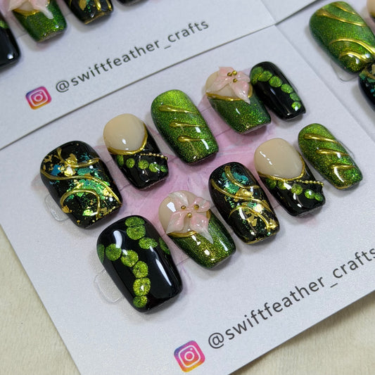 Green Glitter Handmade Press-On Nails – Gold Foil Floral Nail Set