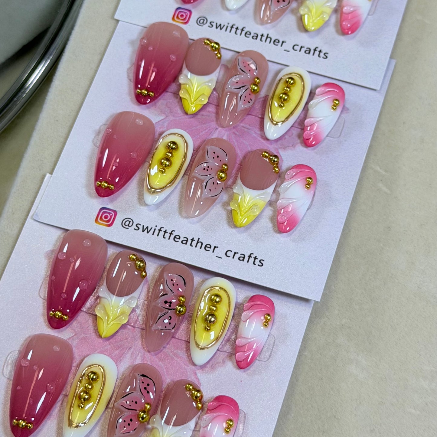 Pink & Yellow Press-On Nails – Soft Gradient 3D Design, Cute Summer Style