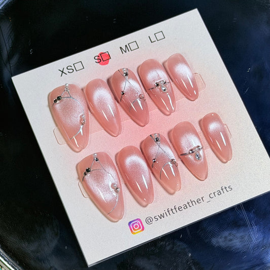 Pink Pearl Press-On Nails – Minimal Silver Line Design, Handmade & Elegant