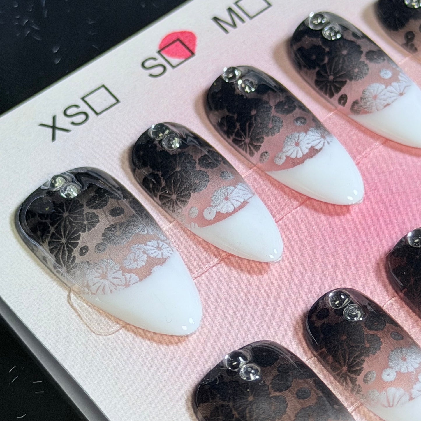 Black Ombre Lace Almond Press-On Nails – Handmade Floral Design Elegant Look