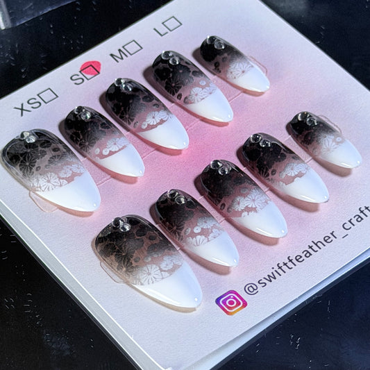 Black Ombre Lace Almond Press-On Nails – Handmade Floral Design Elegant Look