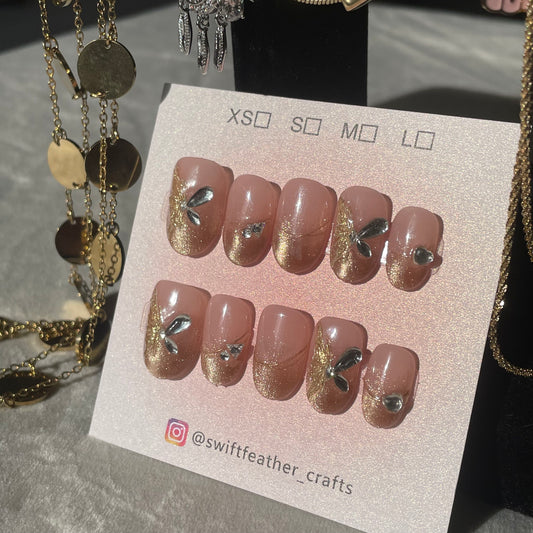 Sparkling Golden Butterfly Gem Press-On Nails Short Almond Shape