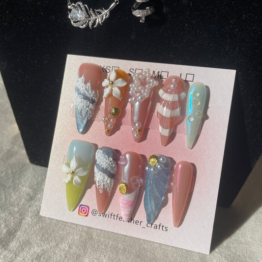 Sea Breeze 3D Shell & Flower Press-On Nails