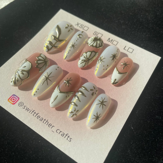 Golden Bloom & Star Long Almond Press-On Nails