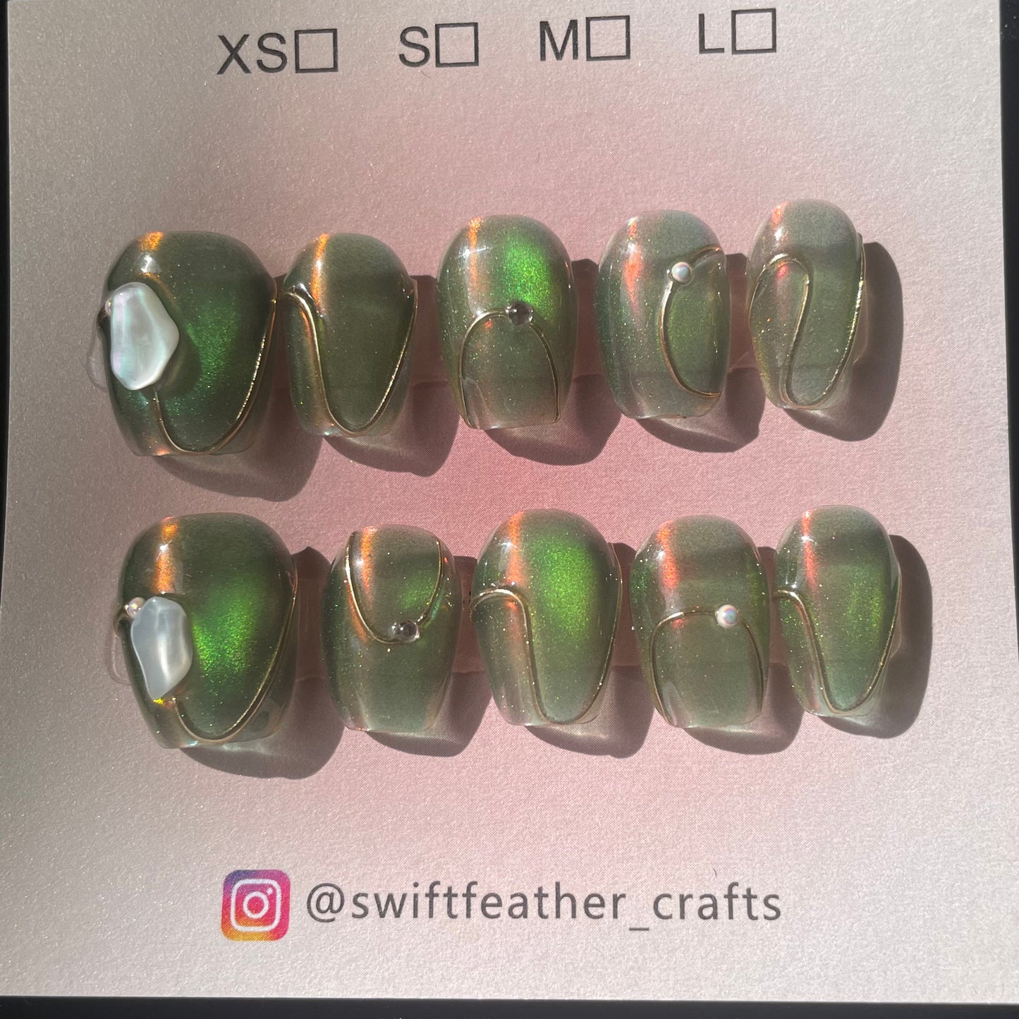 Aurora Chrome Powder Olive Shimmer Short Square Nail Set