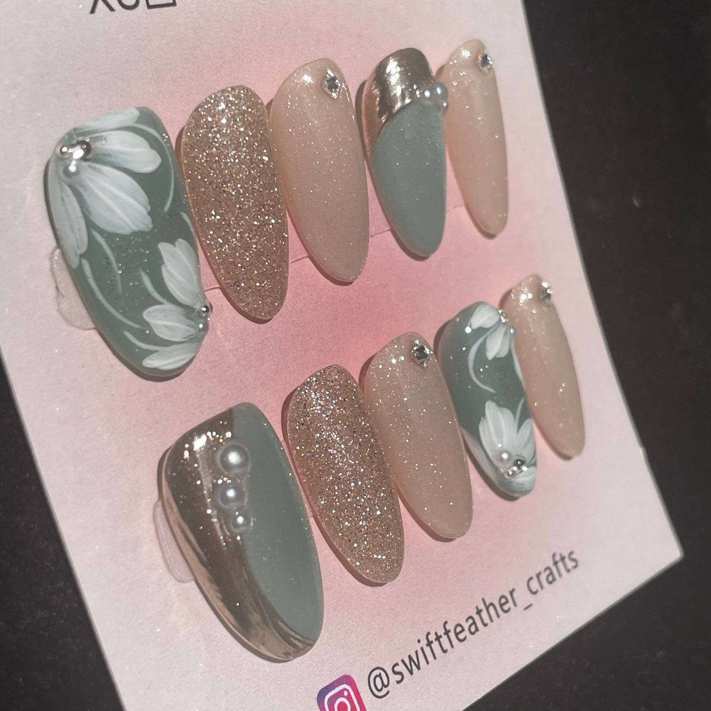 Champagne Glow with Sage Petal Art Long Almond Press-On Set