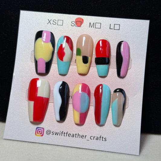 Long Coffin Christmas Art Press-On Nails – Abstract Color Block Design