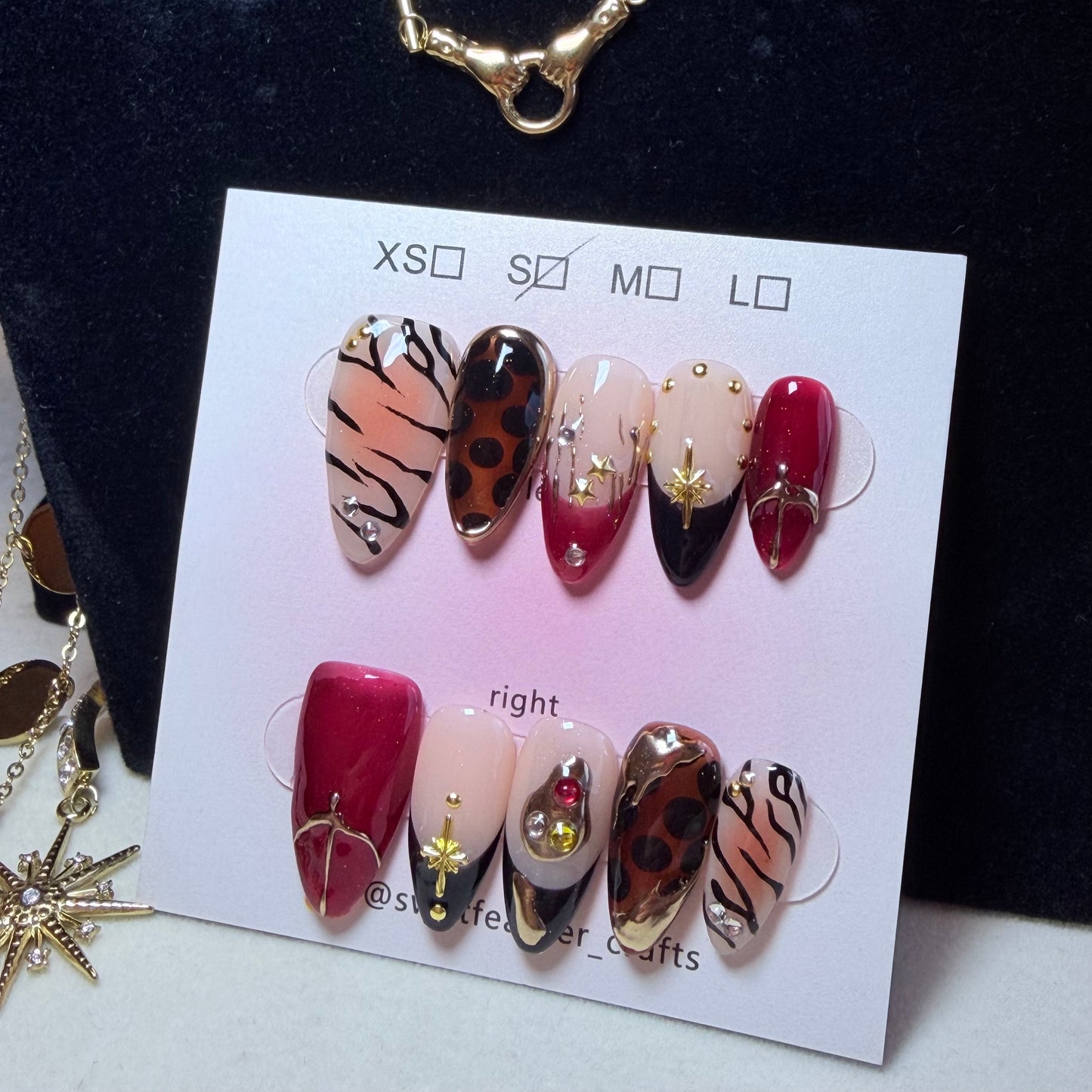 Christmas Chic Press-On Nails – Leopard Pattern, Wine Red & Gold Details
