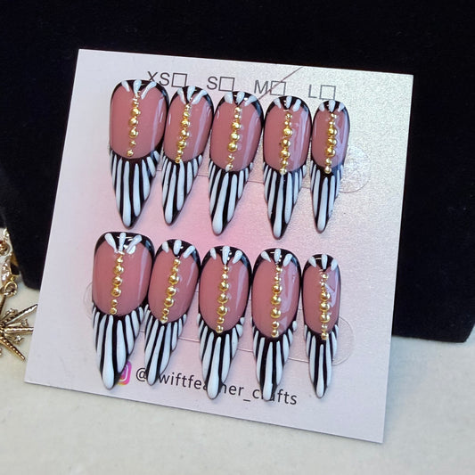 Abstract Line Art Press-On Nails – Long Stiletto with Gold Bead Accents