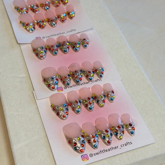 Christmas Sparkle Rhinestone Press-On Nails – Silver Glitter & Multicolor Gems