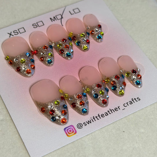 Christmas Sparkle Rhinestone Press-On Nails – Silver Glitter & Multicolor Gems