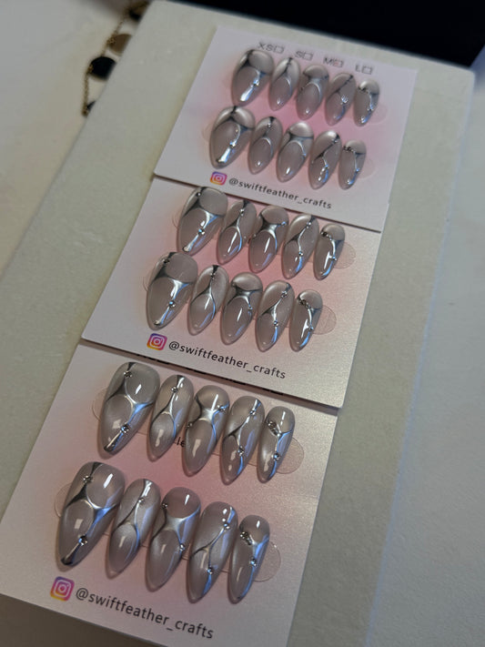Most Popular! Chrome Line Minimalist Press-On Nails – Long Almond Nude Grey
