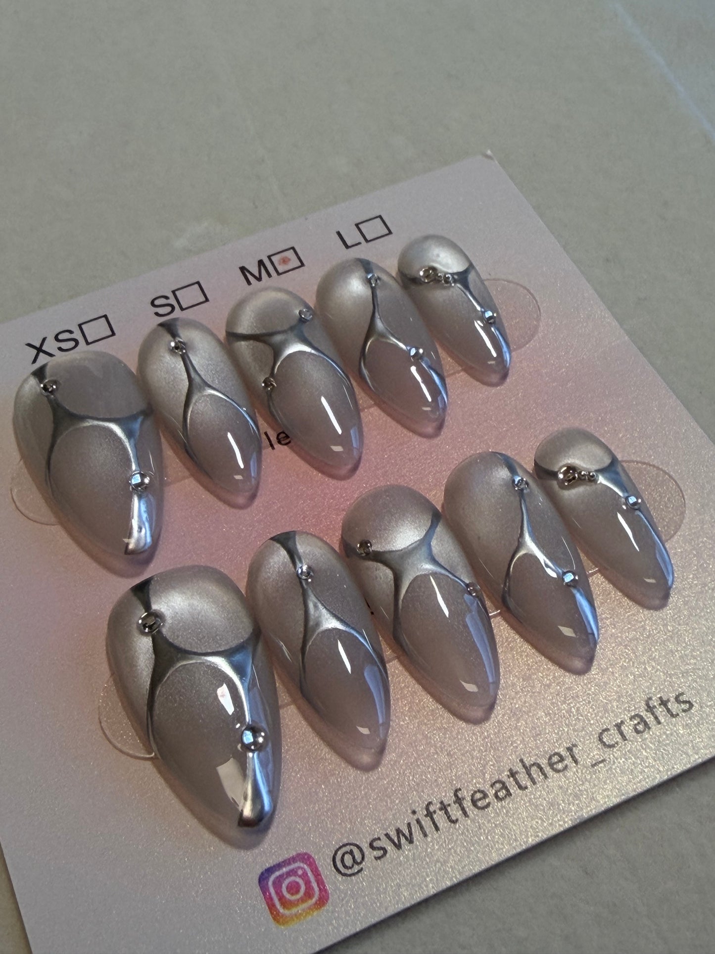 Most Popular! Chrome Line Minimalist Press-On Nails – Long Almond Nude Grey