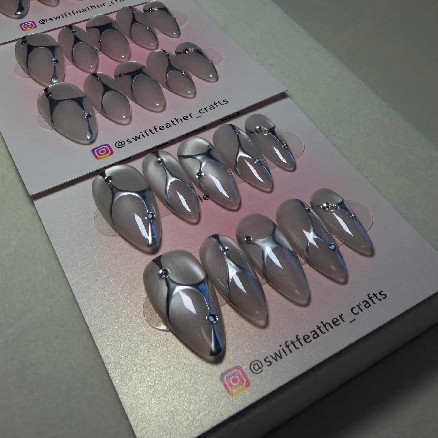 Most Popular! Chrome Line Minimalist Press-On Nails – Long Almond Nude Grey