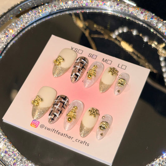 Christmas Gold Charm Press-On Nails – Cream Glow, Plaid & 3D Tree Accents