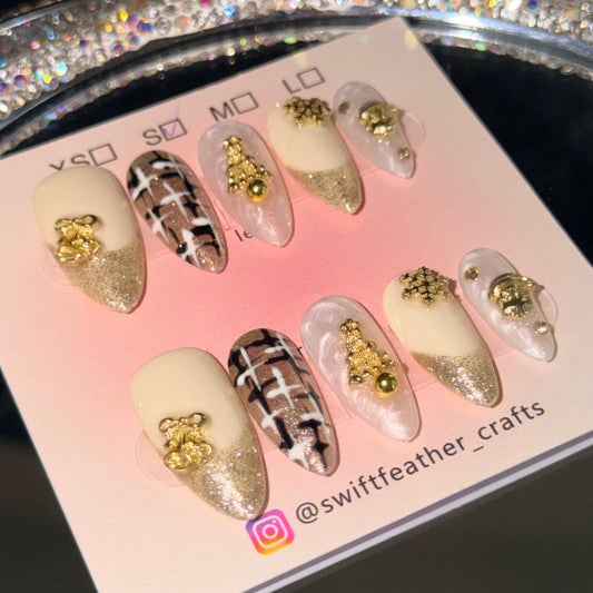 Christmas Gold Charm Press-On Nails – Cream Glow, Plaid & 3D Tree Accents
