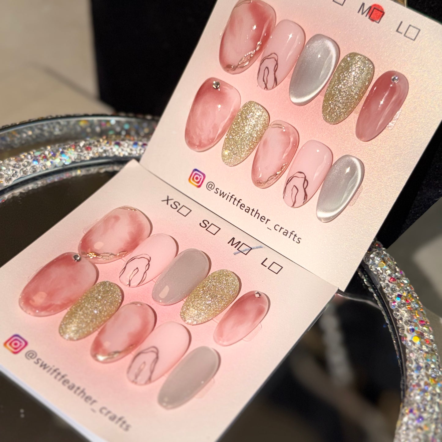 Christmas Rose Mist Press-On Nails – Pink Marble, Gold Glitter & Line Art