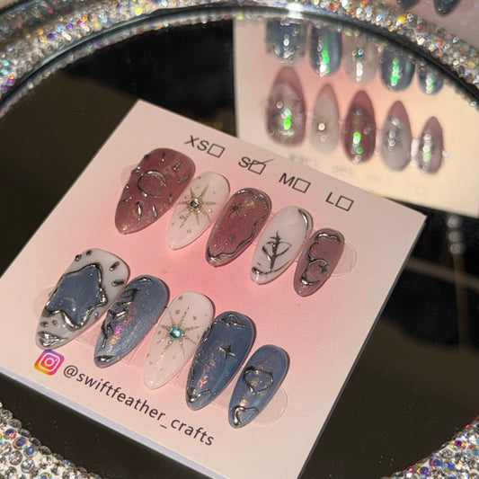 Galaxy Star Press-On Nails – Long Almond with Chrome Outline & Shimmer