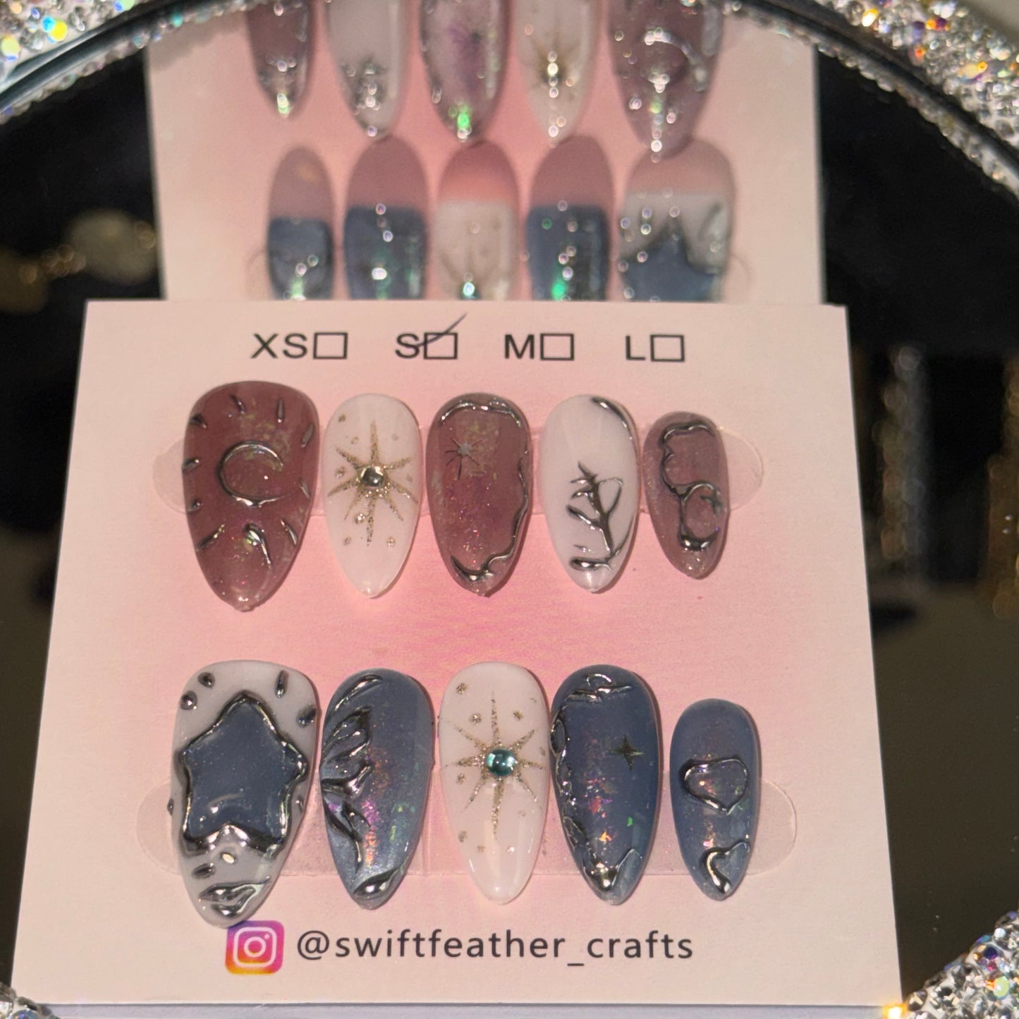 Galaxy Star Press-On Nails – Long Almond with Chrome Outline & Shimmer