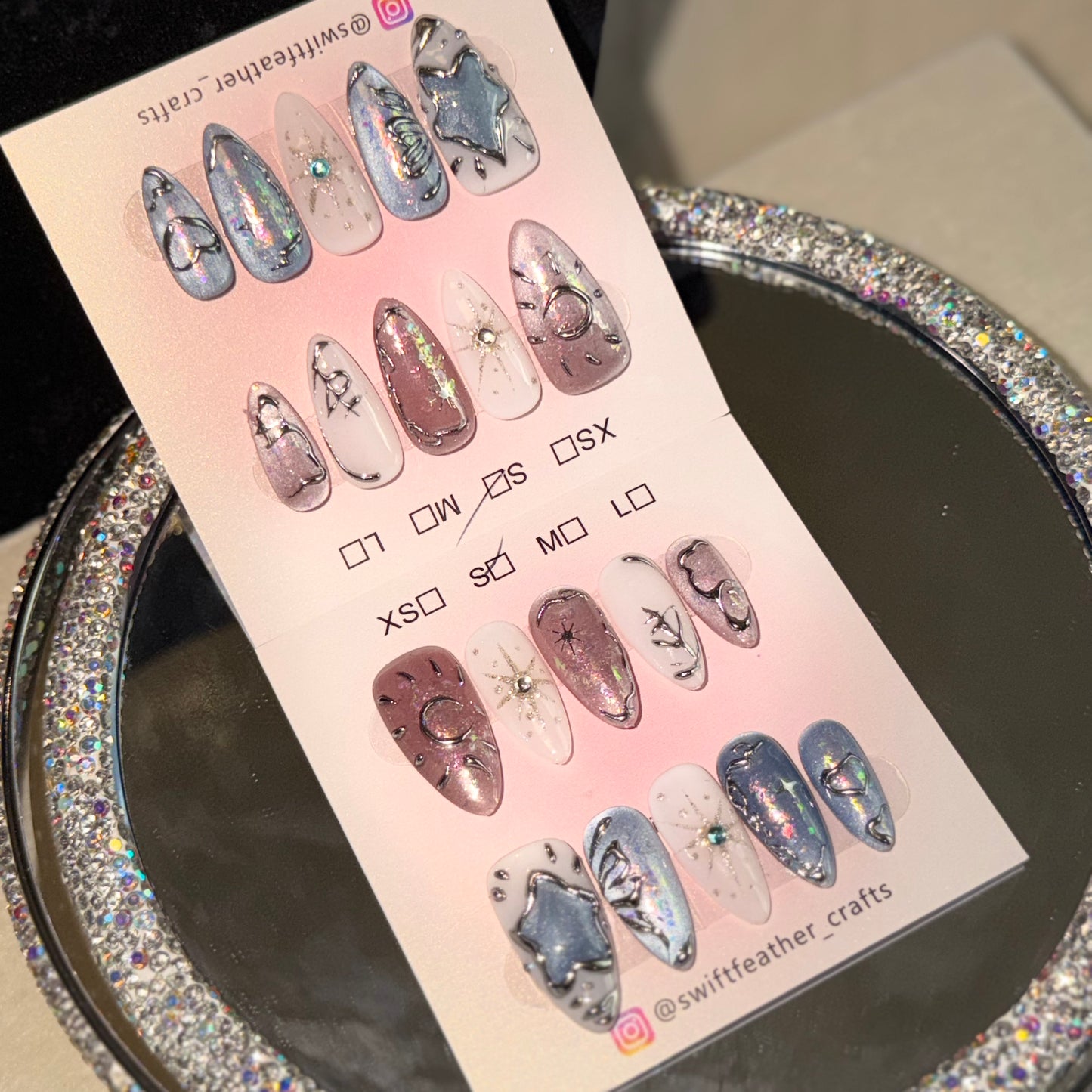 Galaxy Star Press-On Nails – Long Almond with Chrome Outline & Shimmer