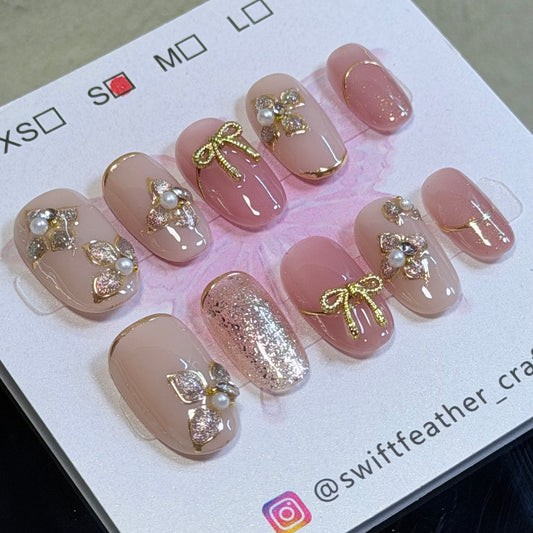 Nude Pink Press-On Nails – Gold Bow Floral Pearl Design, Elegant Handmade Set