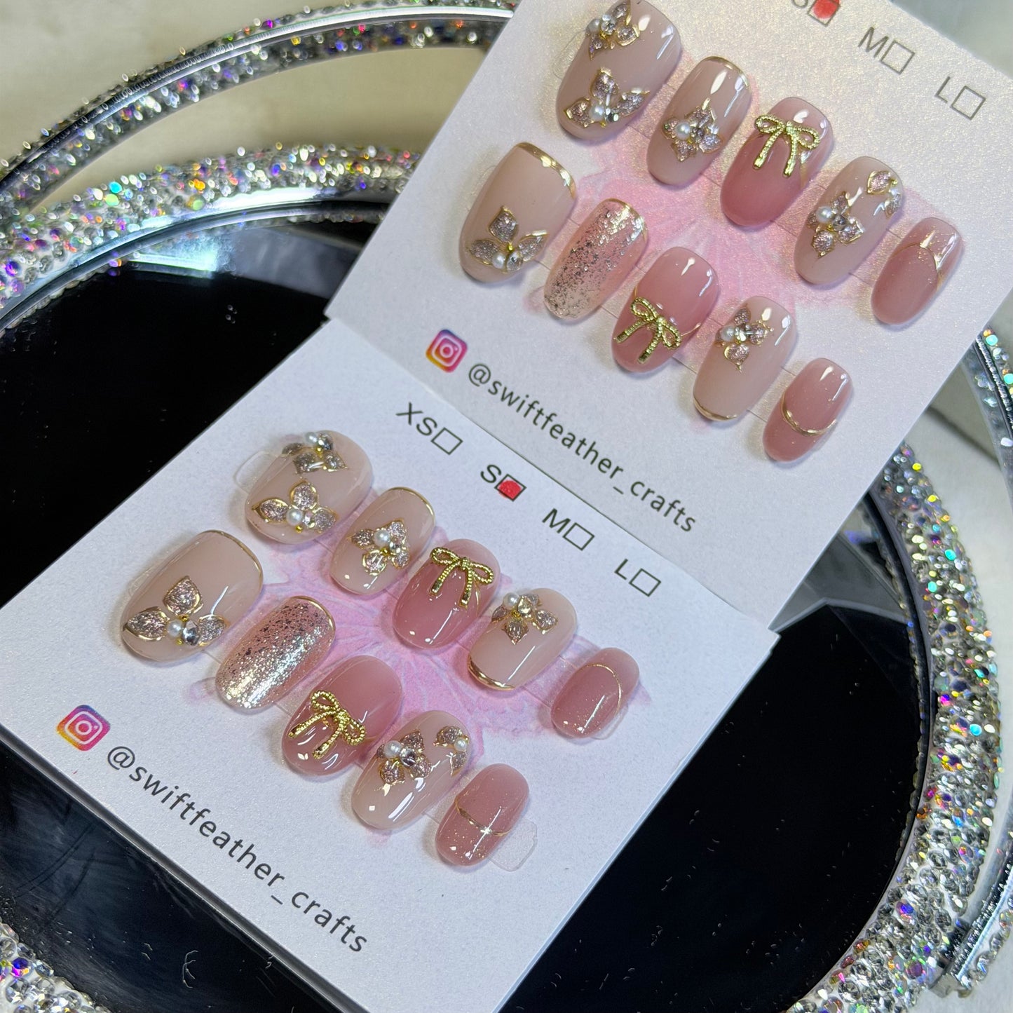 Nude Pink Press-On Nails – Gold Bow Floral Pearl Design, Elegant Handmade Set