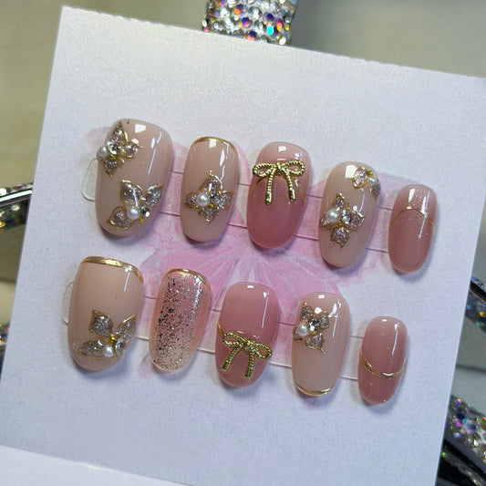 Nude Pink Press-On Nails – Gold Bow Floral Pearl Design, Elegant Handmade Set