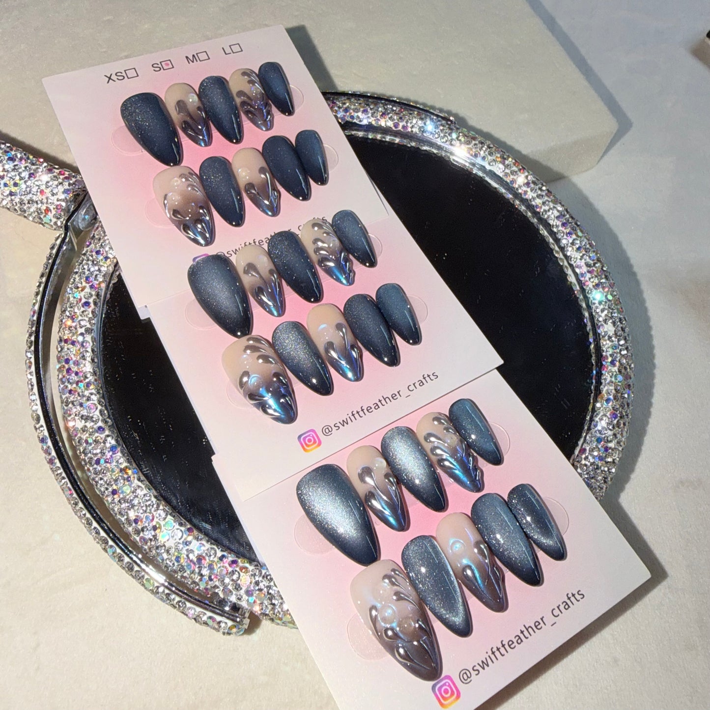 Metallic Blue Chrome Press-On Nails – 3D Sculpted Silver Design
