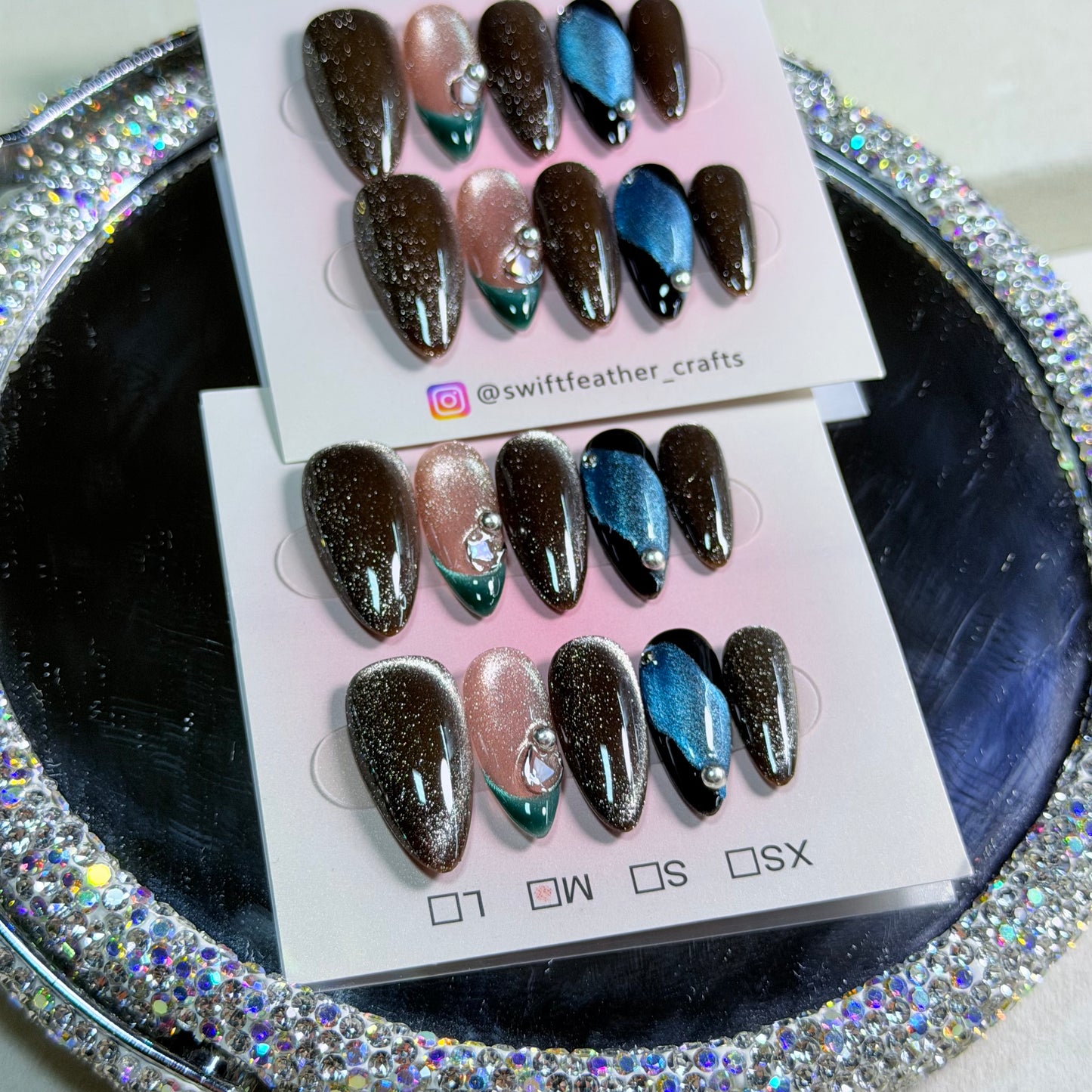 Galaxy Glitter Press-On Nails – Cat Eyes Blue Chrome & Sparkle Statement Design
