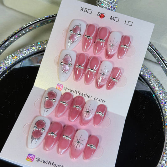 Pink Cat Eye Press-On Nails – Soft Glow Pearl & Chrome Design