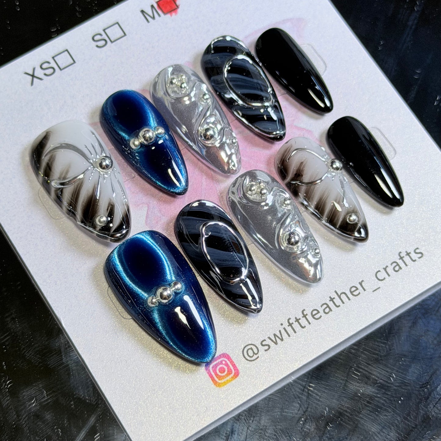 Blue Cat Eye Press-On Nails – Black & Silver Chrome Design, Handmade