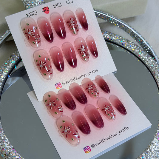 Pink Ombre Press-On Nails – Floral Glitter Design Elegant & Romantic