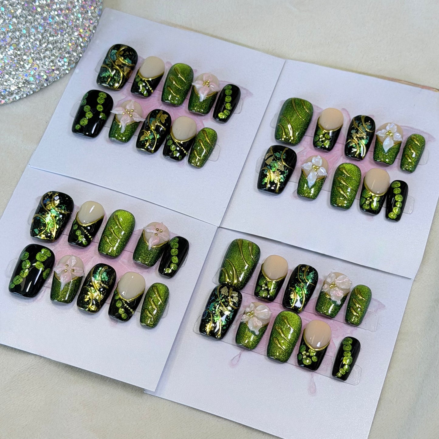 Green Glitter Handmade Press-On Nails – Gold Foil Floral Nail Set
