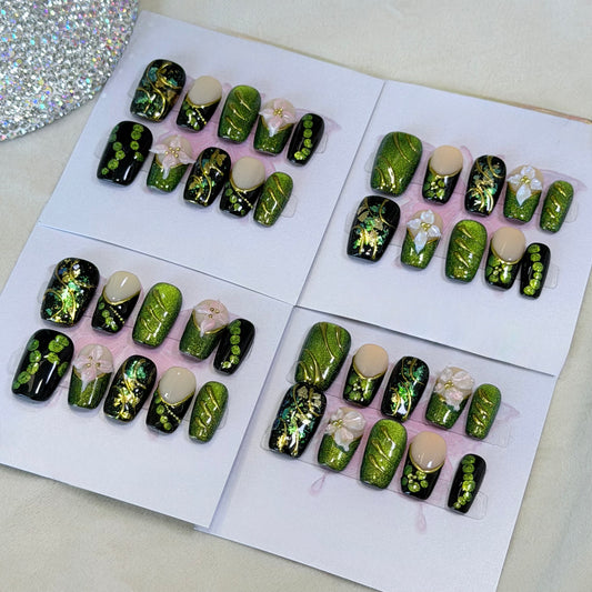 Green Glitter Handmade Press-On Nails – Gold Foil Floral Nail Set