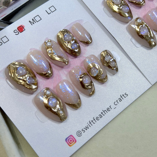 Nude Chrome Press-On Nails – Gold Sculpted Pearl Design, Handmade
