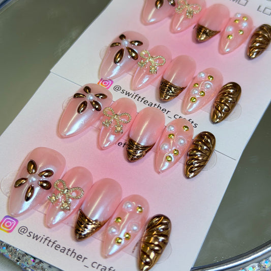 Pink Pearl Press-On Nails – Gold Bow & Floral Design, Handmade for Date & Wedding