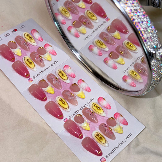 Pink & Yellow Press-On Nails – Soft Gradient 3D Design, Cute Summer Style