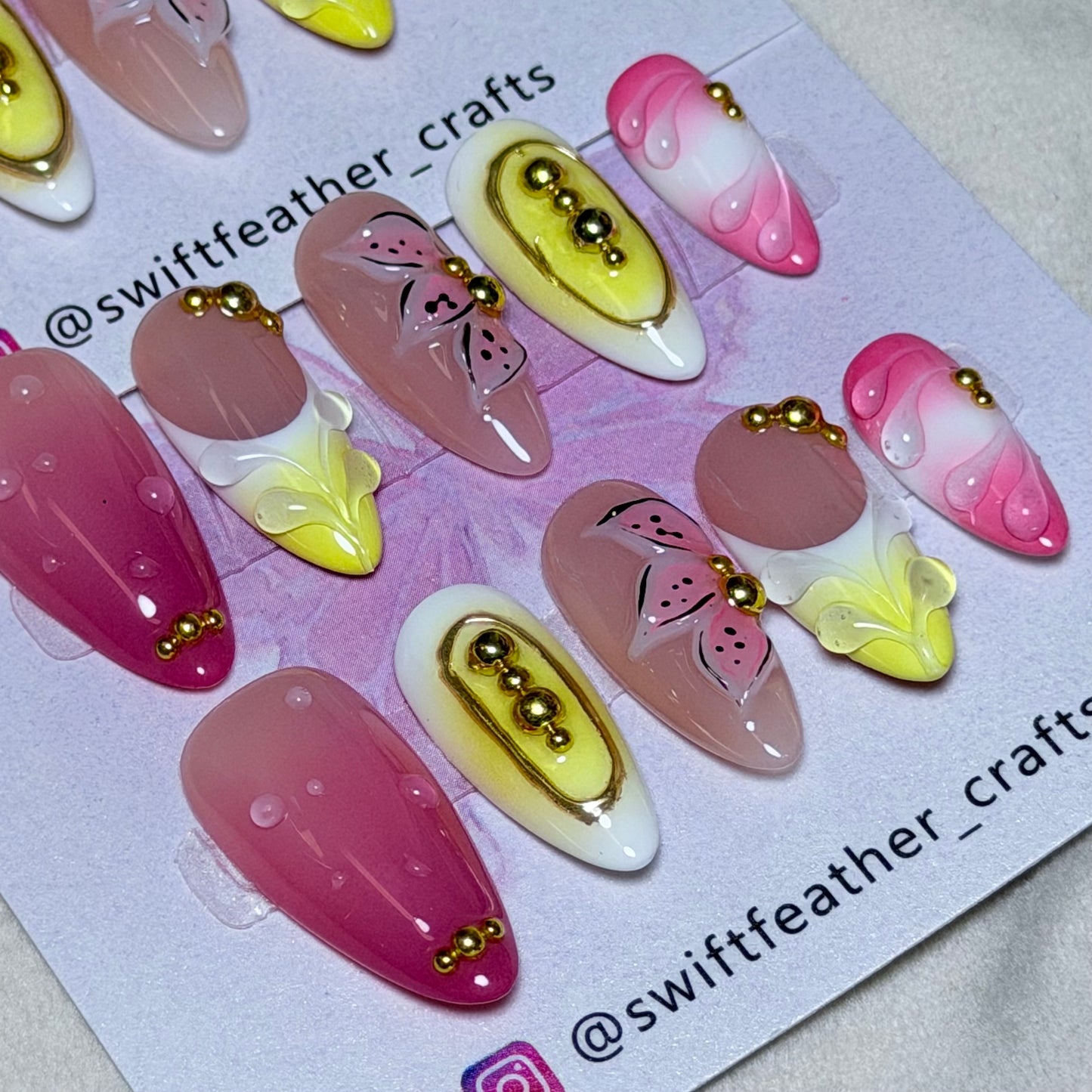 Pink & Yellow Press-On Nails – Soft Gradient 3D Design, Cute Summer Style