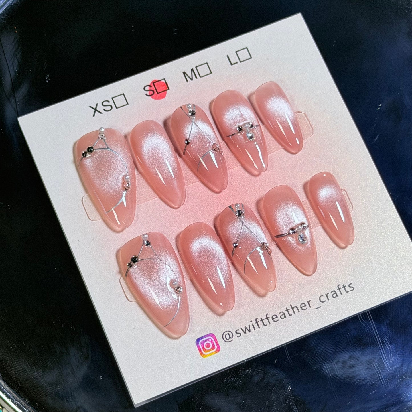 Pink Pearl Press-On Nails – Minimal Silver Line Design, Handmade & Elegant