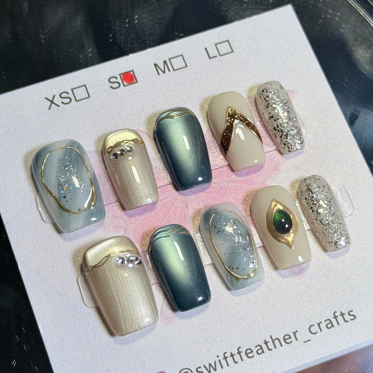Blue Beige Press-On Nails – Handmade Minimal Metallic Design for Everyday & Work